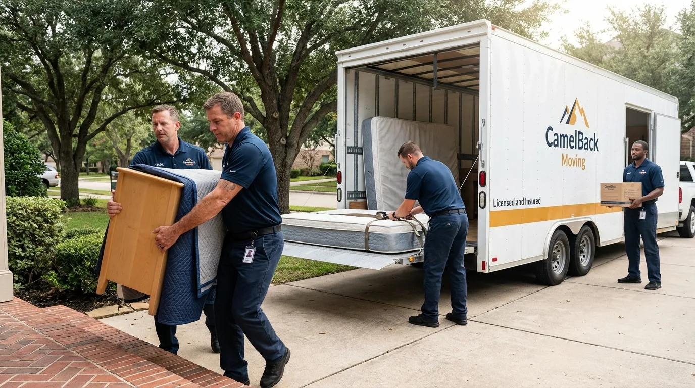 Crew loading residential truck for cross-state move from Saint Jo, TX