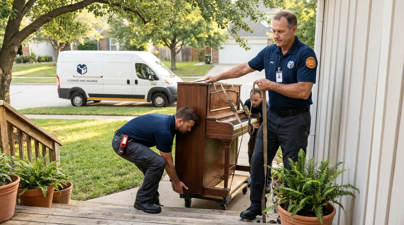 Licensed piano movers securing grand piano in Saint Jo, TX