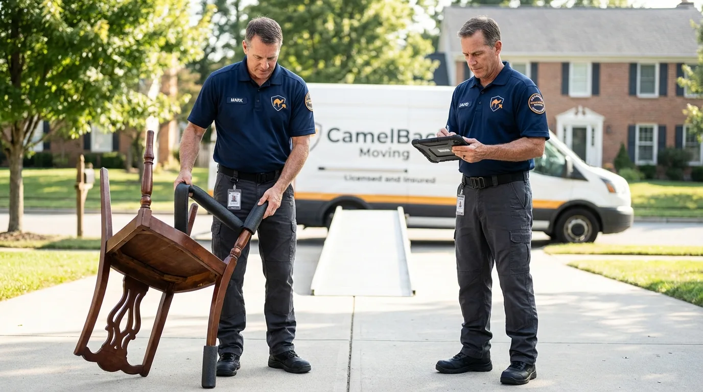 Movers inspecting furniture for damage prevention before loading in Saint Jo, TX