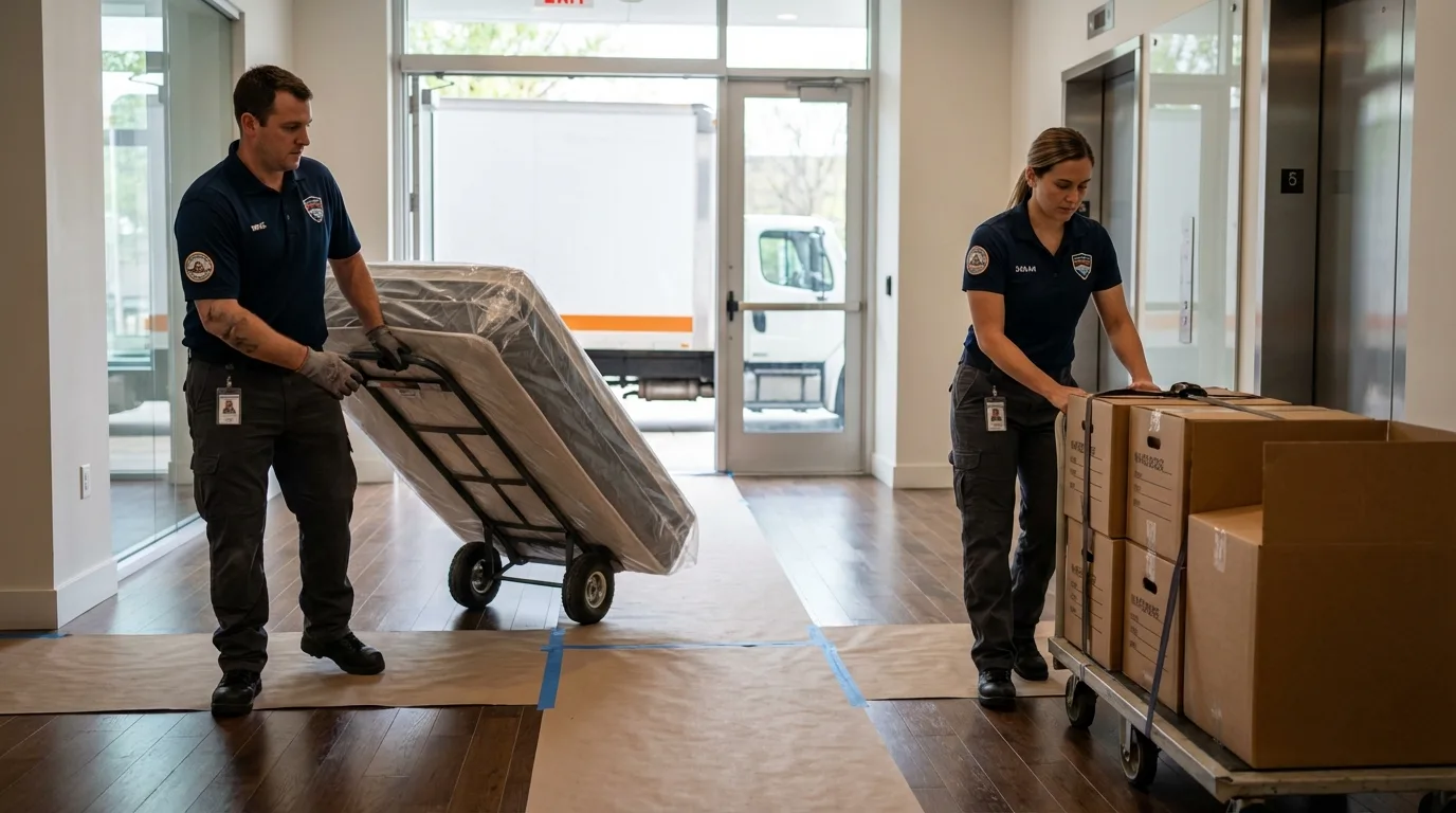 Professional apartment movers loading elevator in Saint Jo, TX